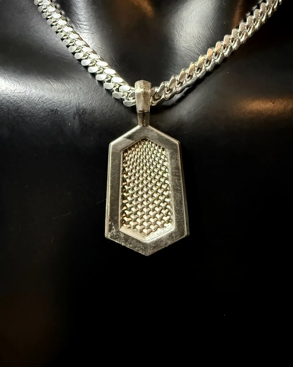 Hex Tag Pendant in sterling silver on a Cuban chain