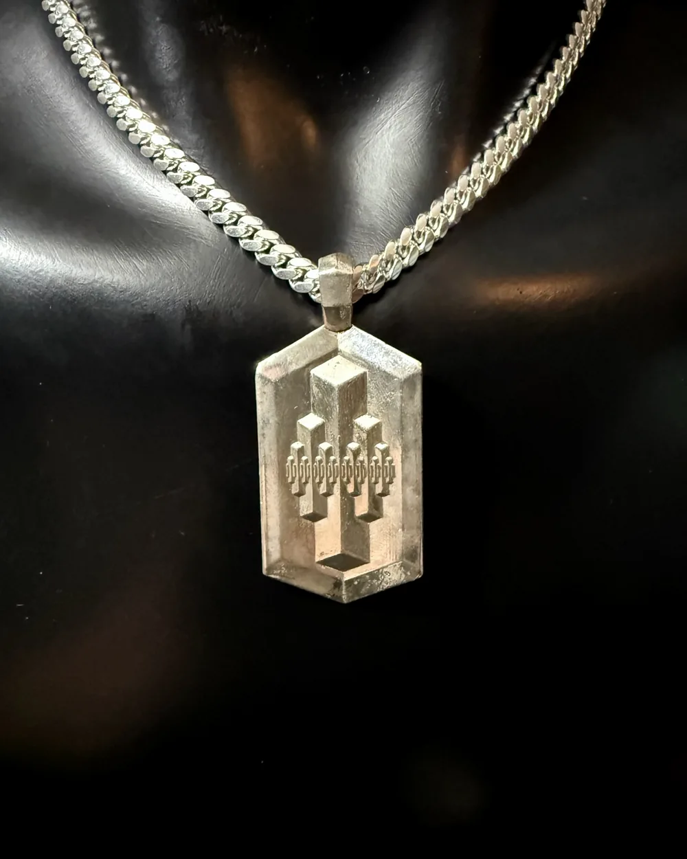 Deco Tower Pendant in sterling silver on a Cuban chain